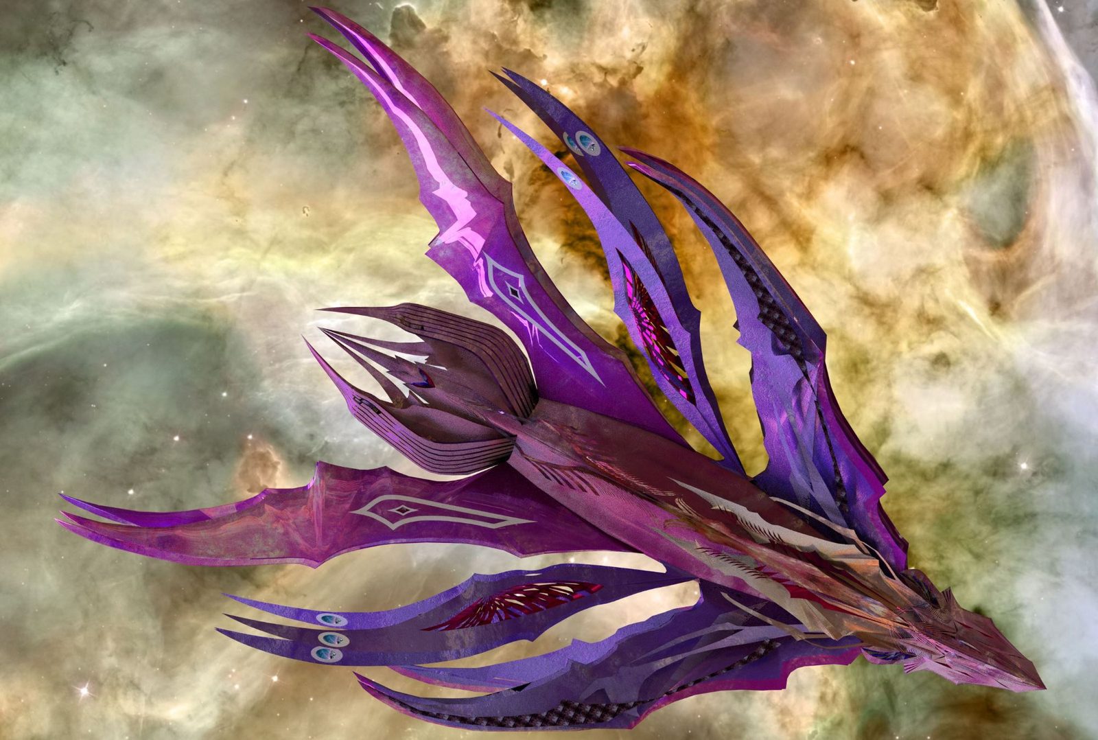 A violet Aktarian starship with swept, blade-like wings against a gold and green nebula